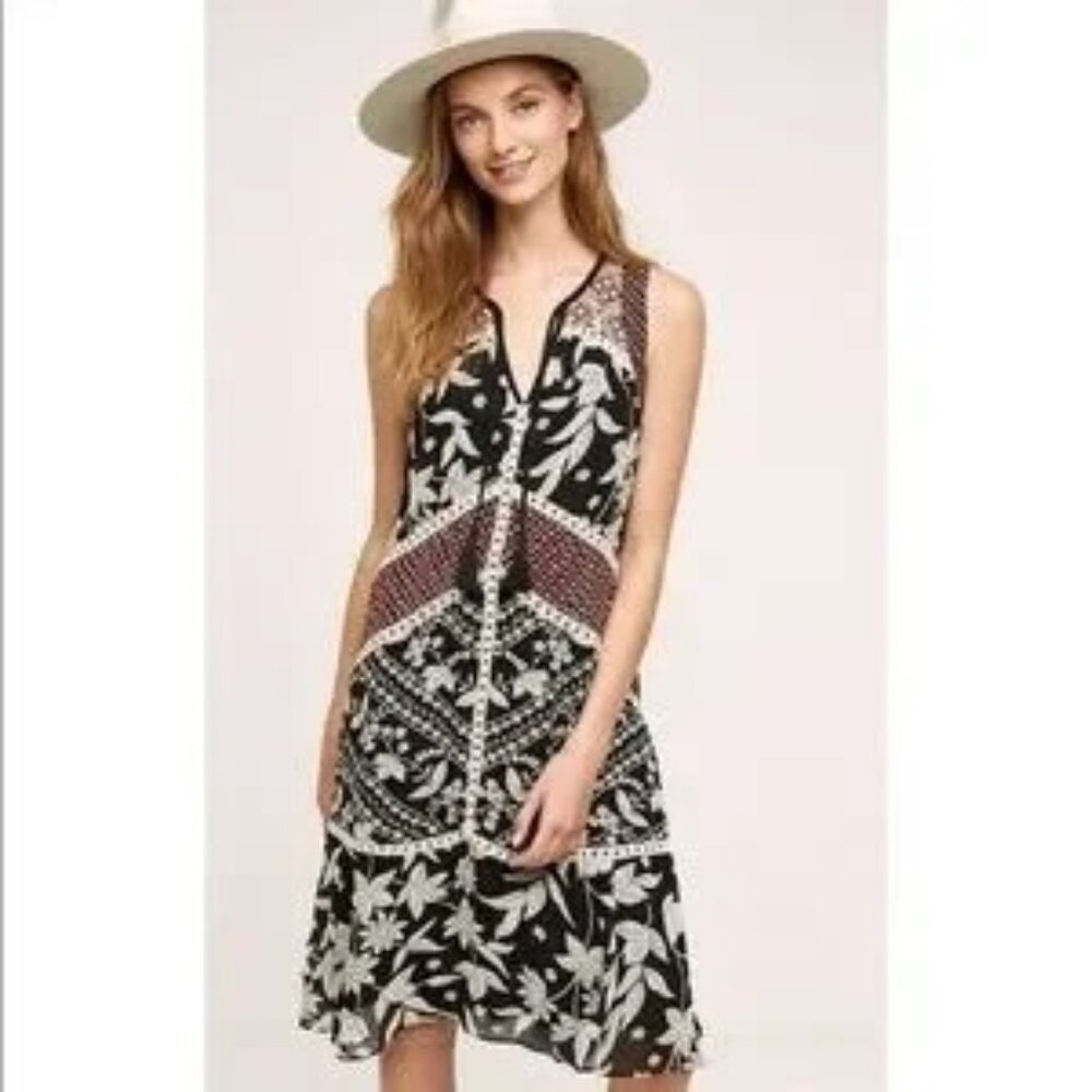Anthropologie Grasslands Midi Dress by Floreat Mixed Fabric Embroidered Size 4